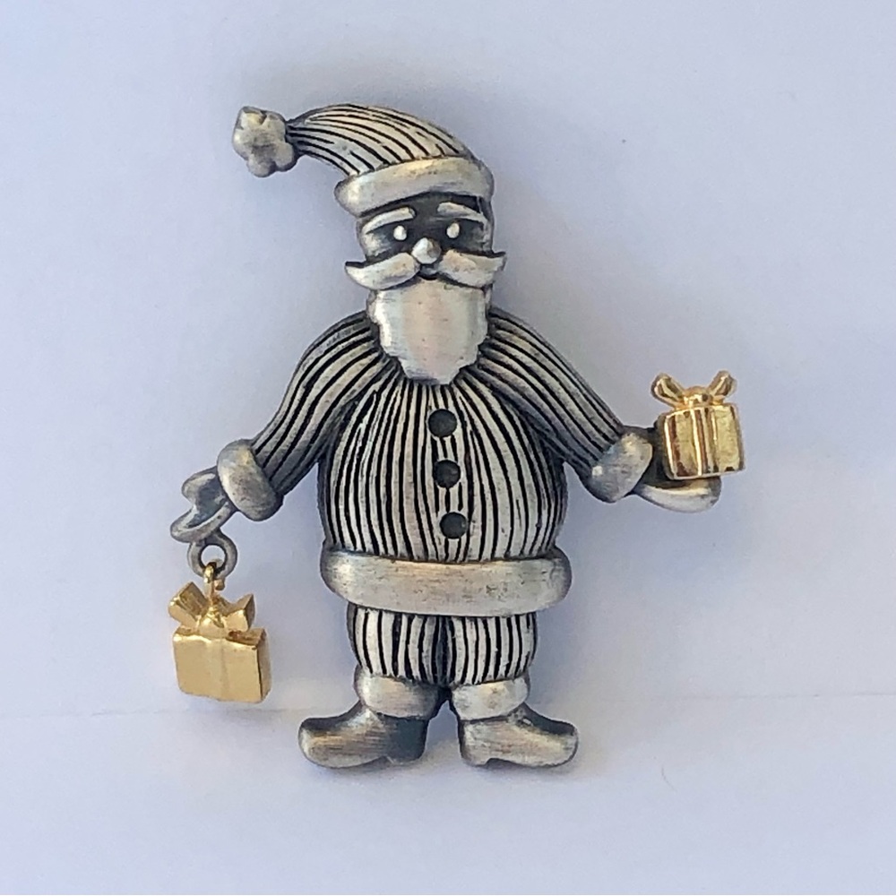 Vintage Pewter Santa Brooch Gold dangling Gifts Christmas holiday